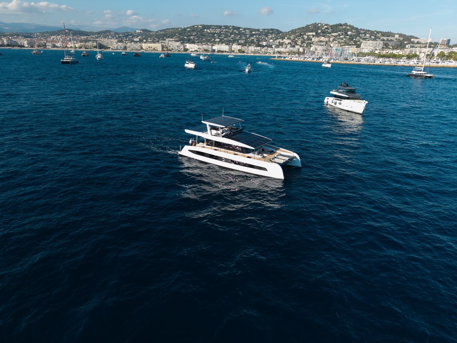 Catamaran from the air off the bay of Cannes